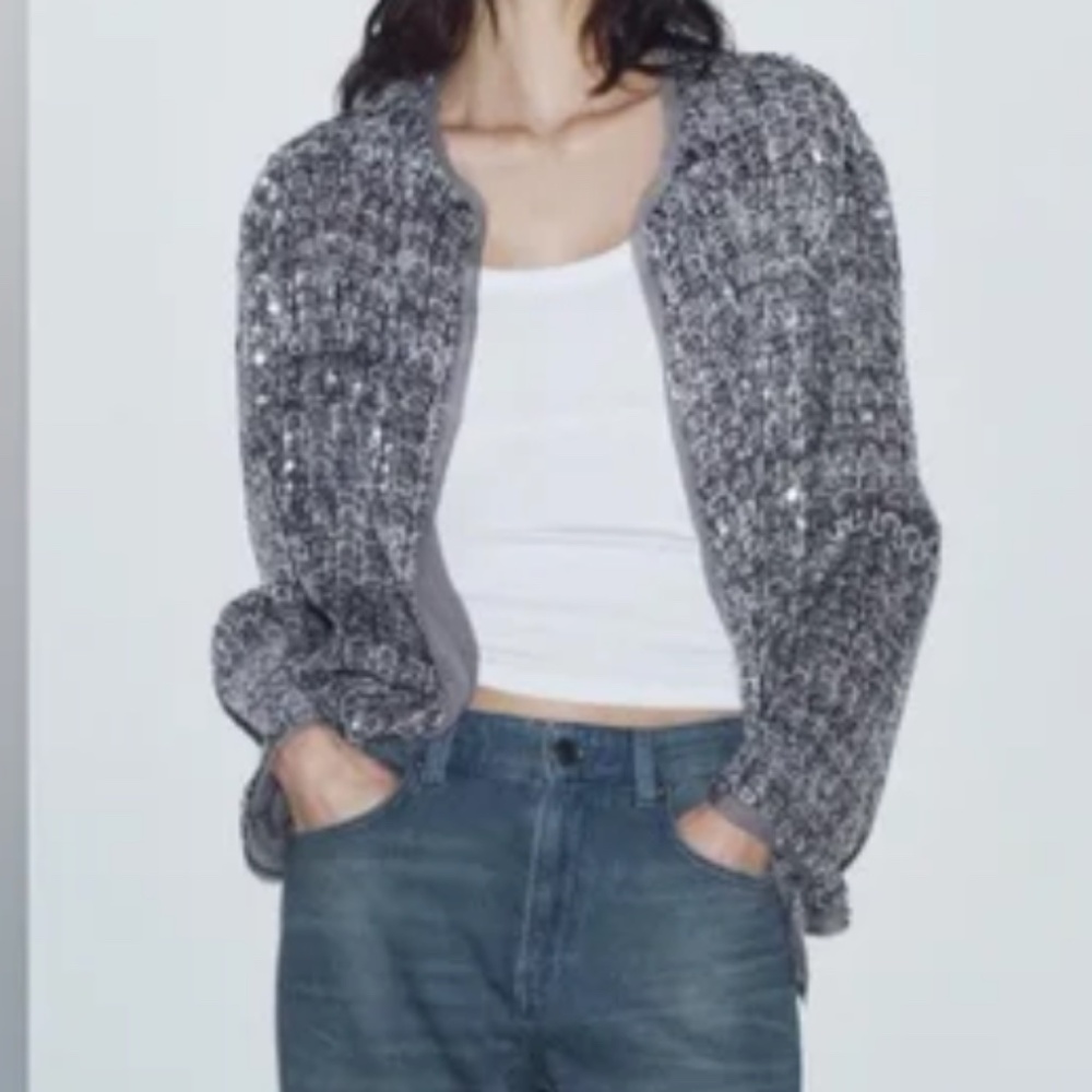 Zara ZW Limited Collection Textured Sequin Jacket Silver Size L